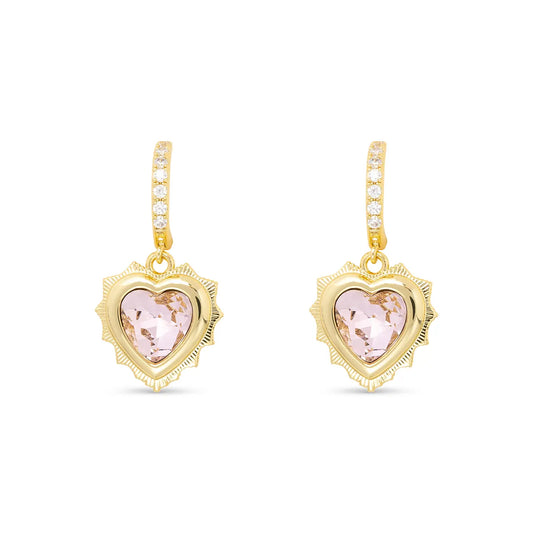 Gold Huggie Earrings with Gold Dangle Heart Pendant Filled with Birthstone Crystal
