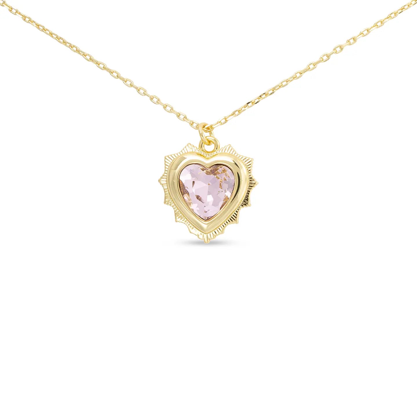 Gold Necklace with Gold Heart Pendant Filled with Birthstone Crystal