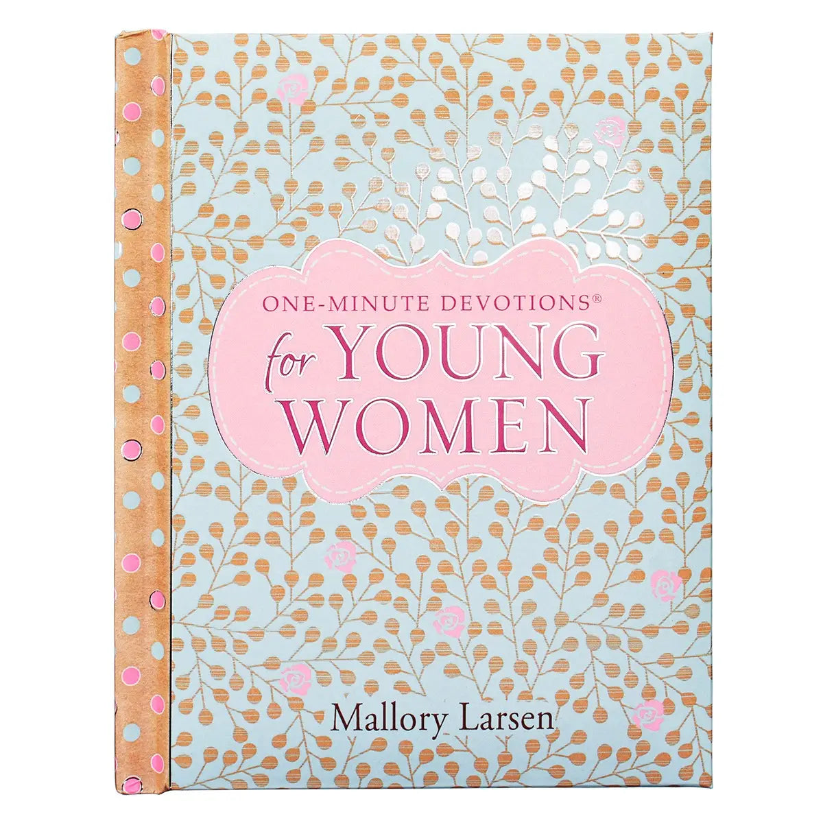Light blue background with taupe leaves and pink flowers cover design, Silver-foiled title accents, White text, UV varnish, Padded hardcover, Full-color interior, Pink ribbon marker, 366 devotions, 400 pages