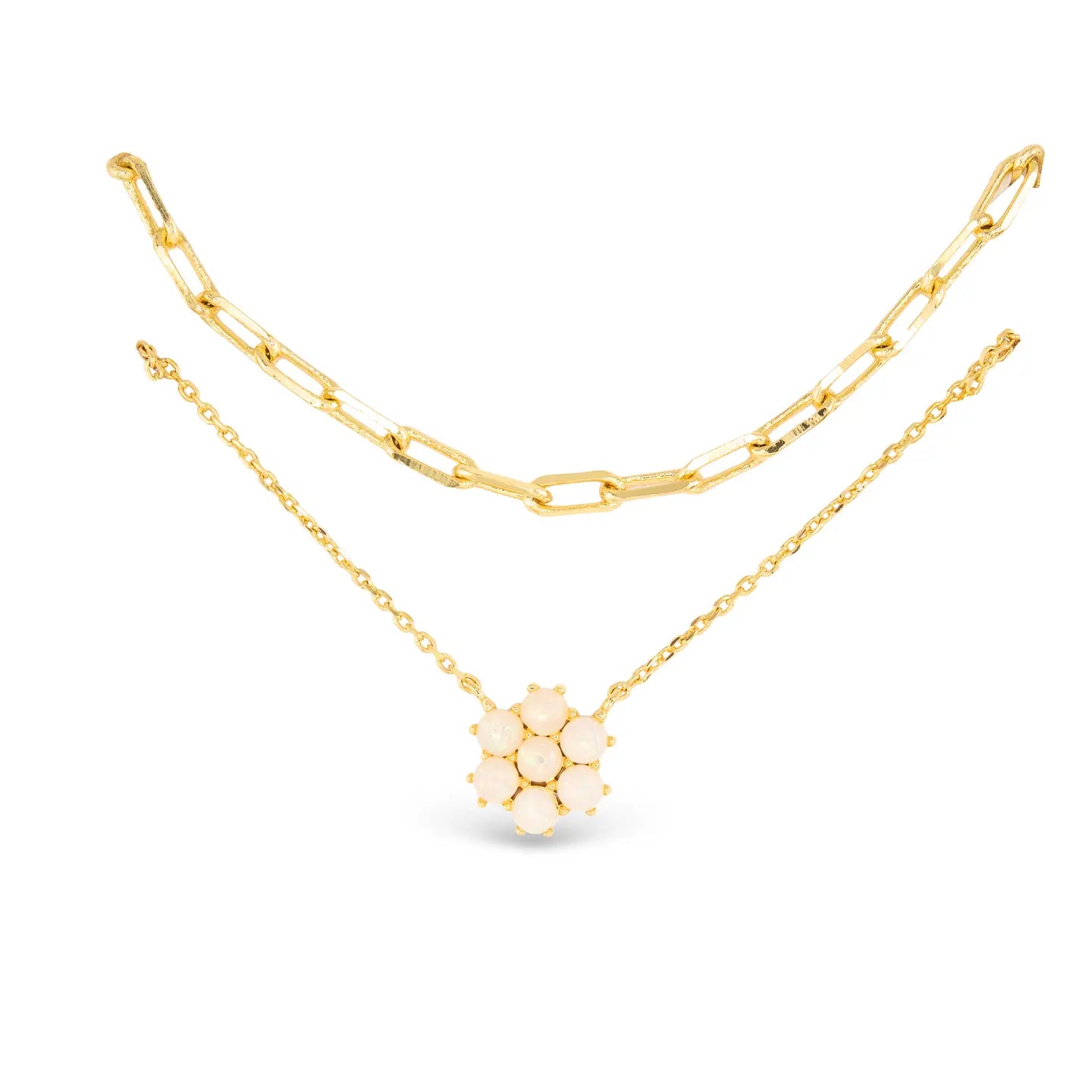 Gold Layered Necklace, Chain Link and Plain with Gold and Ivory Flower Charm