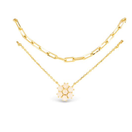Gold Layered Necklace, Chain Link and Plain with Gold and Ivory Flower Charm