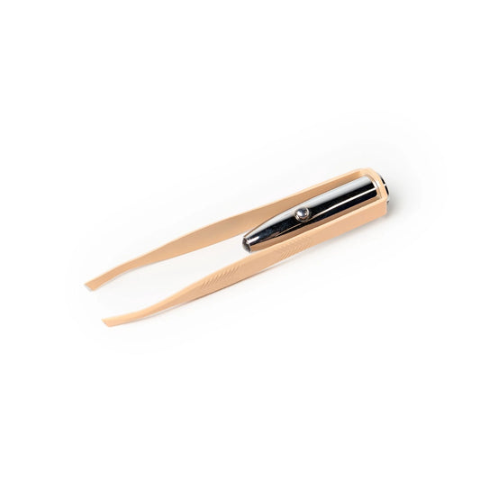 Precision grip tweezers t Targeted LED beam Easy & precise grooming Push button on/off Batteries included mango color