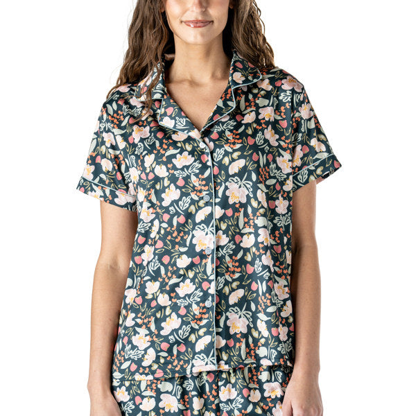 Satin Pajama Top Floral Print, Classic button-down style
Breathable, relaxed fit
Subtle piping