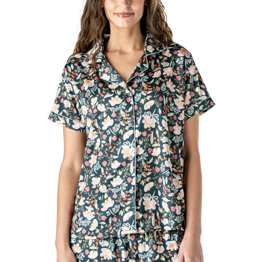 Satin Pajama Top Floral Print, Classic button-down style
Breathable, relaxed fit
Subtle piping