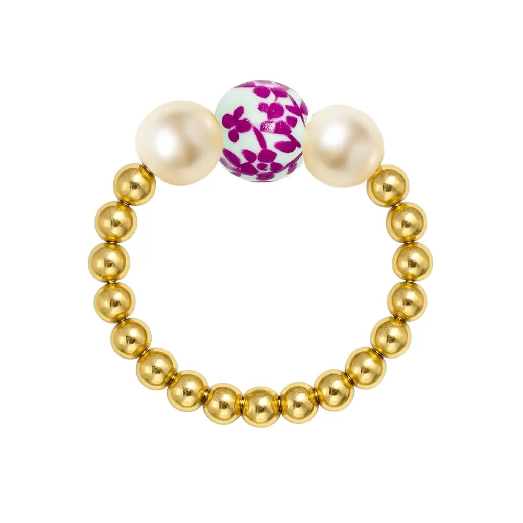 Single pink Porcelain and pearl Gold Beaded Stretchy Ring
