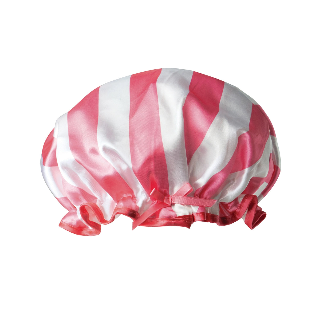 pink and white striped shower cap