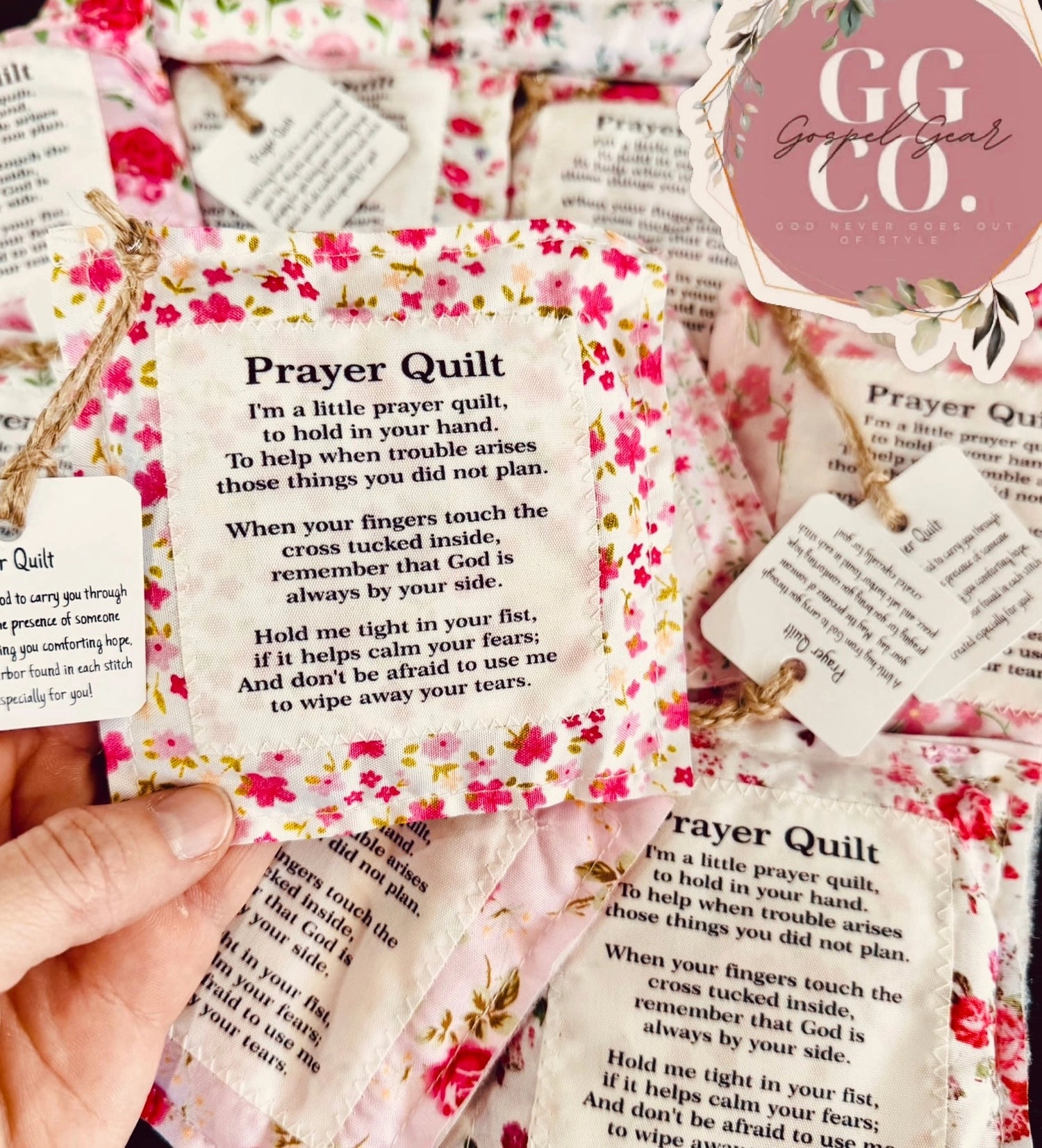 Pocket Prayer Quilt - Floral Pink Line “I’m a little prayer quilt, to hold in your hand.