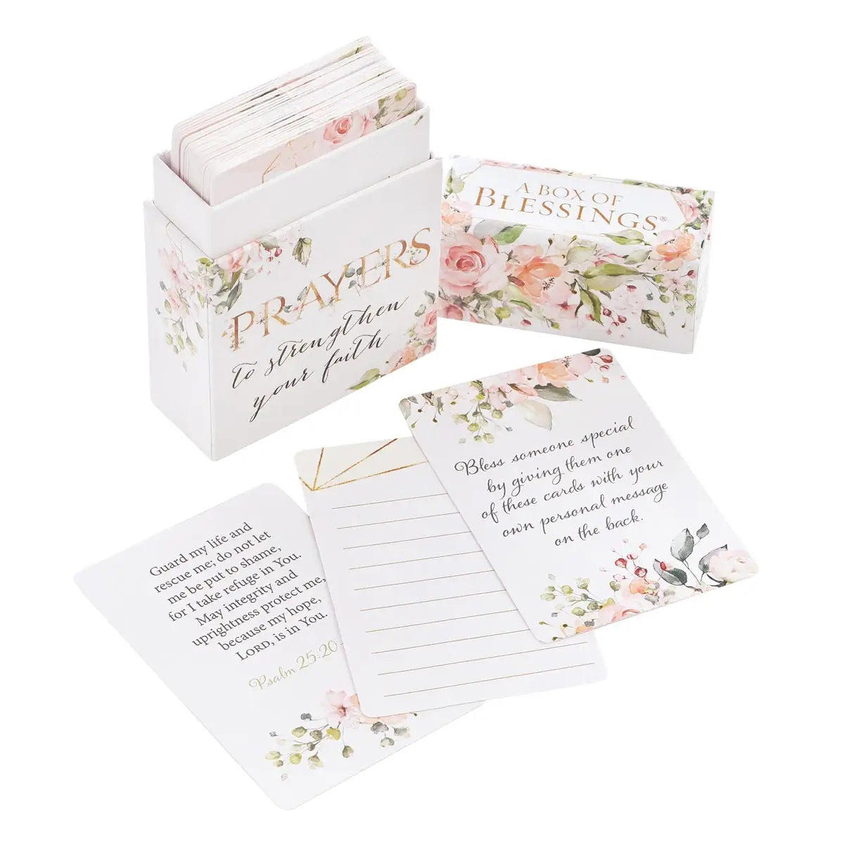  Soft blush pink palette floral design, Title printed in gold and black, Full-color printed cards and box, 51 double-sided cards, Scripture-based prayer on front, Lined space on back, Shrink-wrapped, Sturdy box with lid, Card 