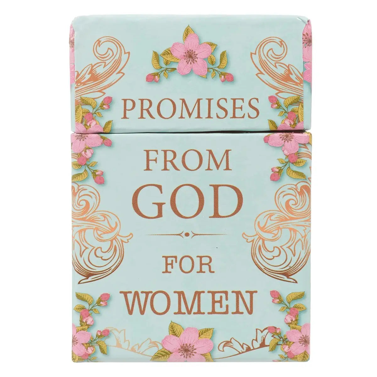 Blue and pink floral design, 50 Bible verses, 50 double-sided cards, Packaged in a sturdy lidded box, Full-color print on cards and box, Each box shrink-wrapped