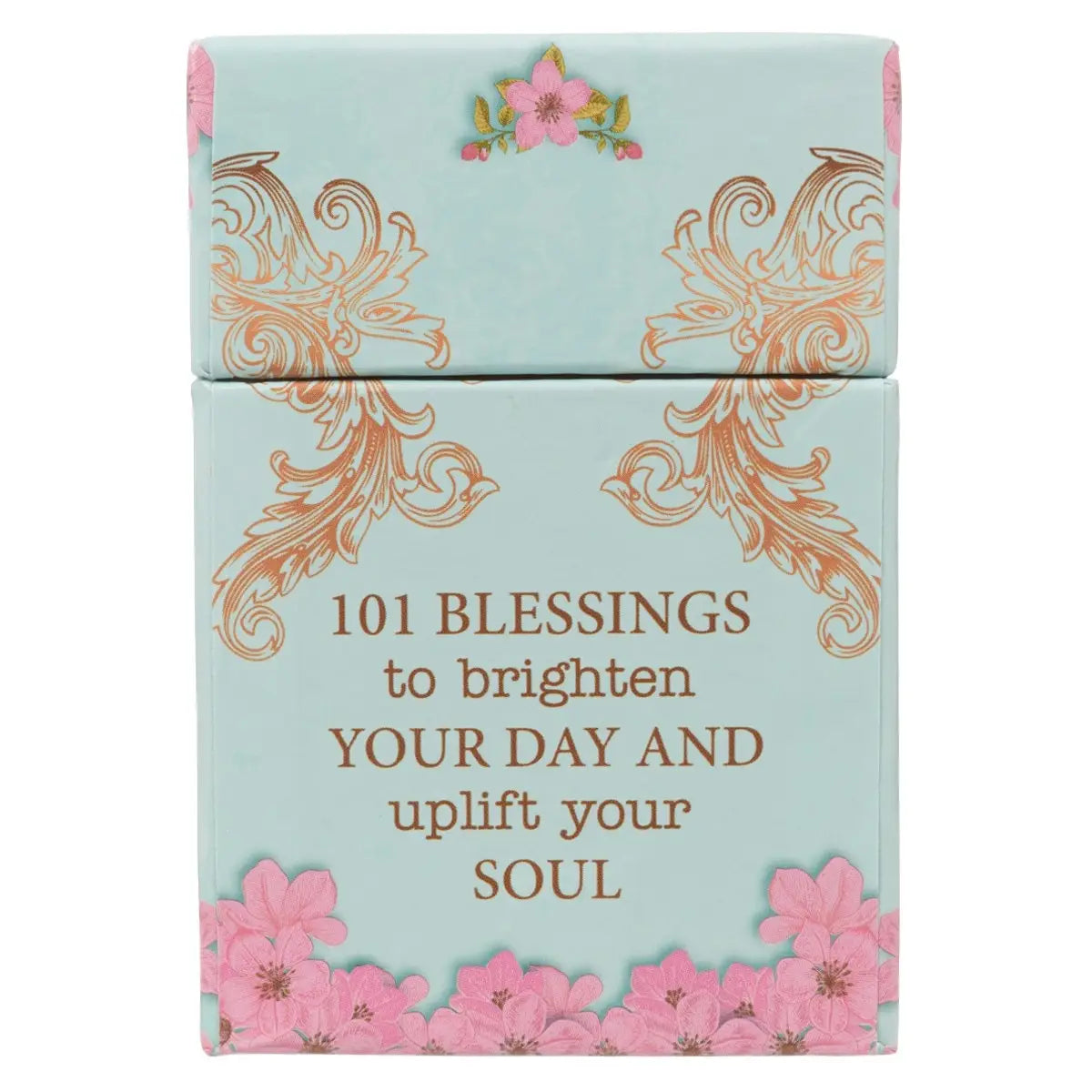 Blue and pink floral design, 50 Bible verses, 50 double-sided cards, Packaged in a sturdy lidded box, Full-color print on cards and box, Each box shrink-wrapped