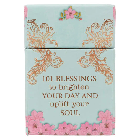 Blue and pink floral design, 50 Bible verses, 50 double-sided cards, Packaged in a sturdy lidded box, Full-color print on cards and box, Each box shrink-wrapped