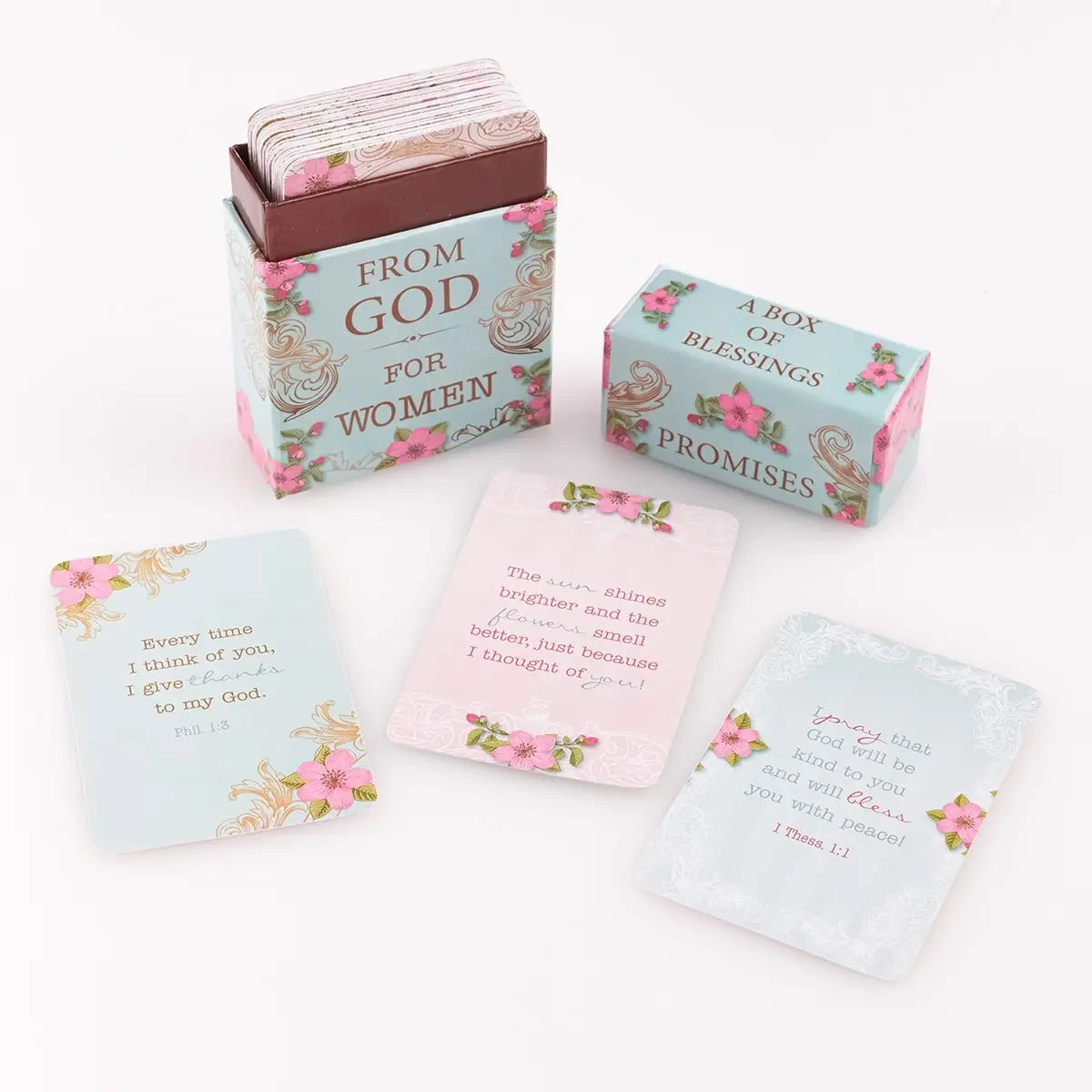 Blue and pink floral design, 50 Bible verses, 50 double-sided cards, Packaged in a sturdy lidded box, Full-color print on cards and box, Each box shrink-wrapped