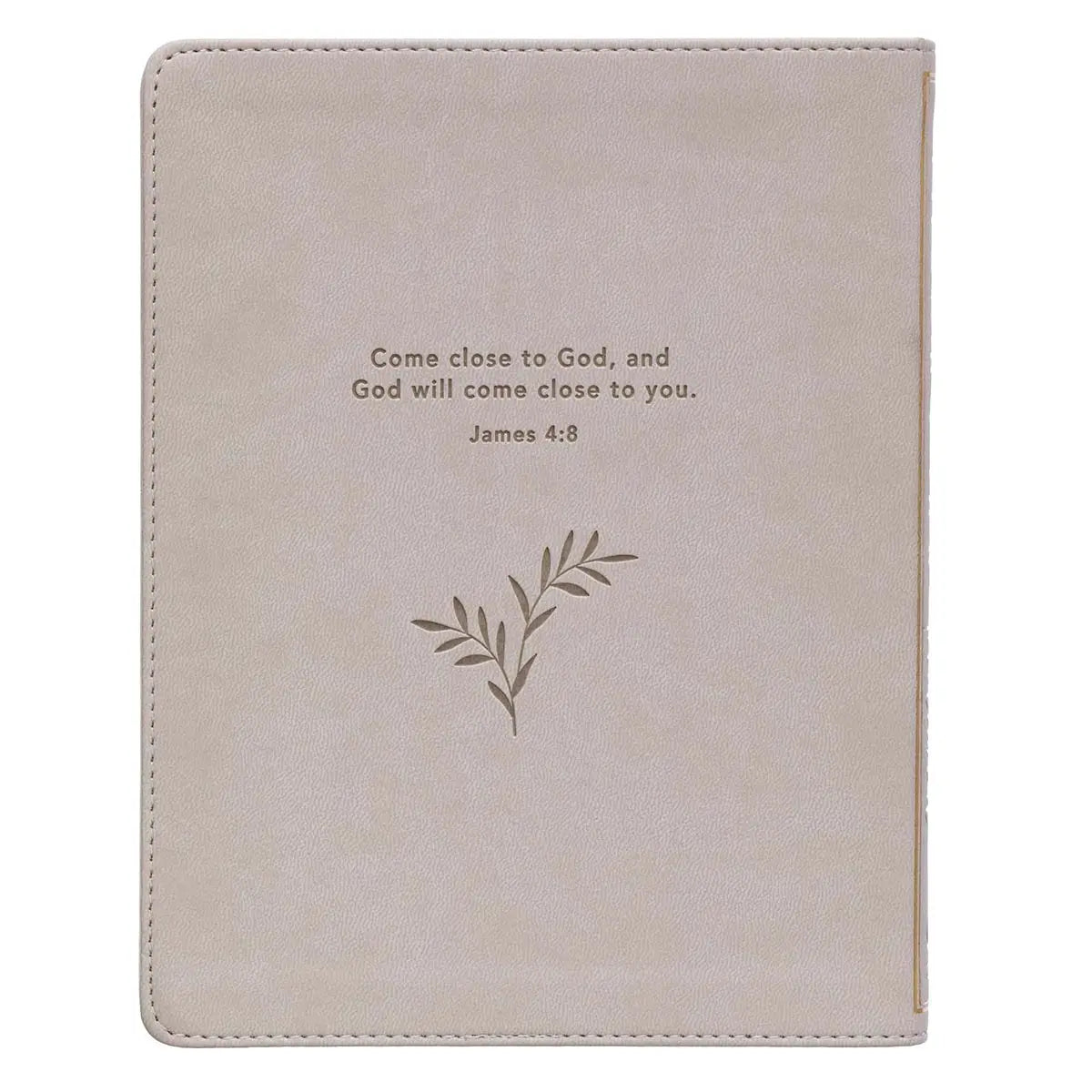Cappuccino-colored cover with leaf design, Faux leather cover, Gold foiled title, 365-day devotional, 372 pages, Gild-edged pages, Full-color interior, Ribbon marker,