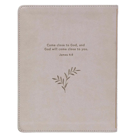 Cappuccino-colored cover with leaf design, Faux leather cover, Gold foiled title, 365-day devotional, 372 pages, Gild-edged pages, Full-color interior, Ribbon marker,
