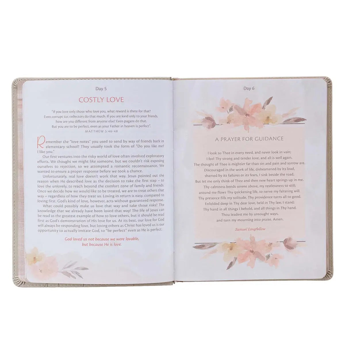 Cappuccino-colored cover with leaf design, Faux leather cover, Gold foiled title, 365-day devotional, 372 pages, Gild-edged pages, Full-color interior, Ribbon marker,