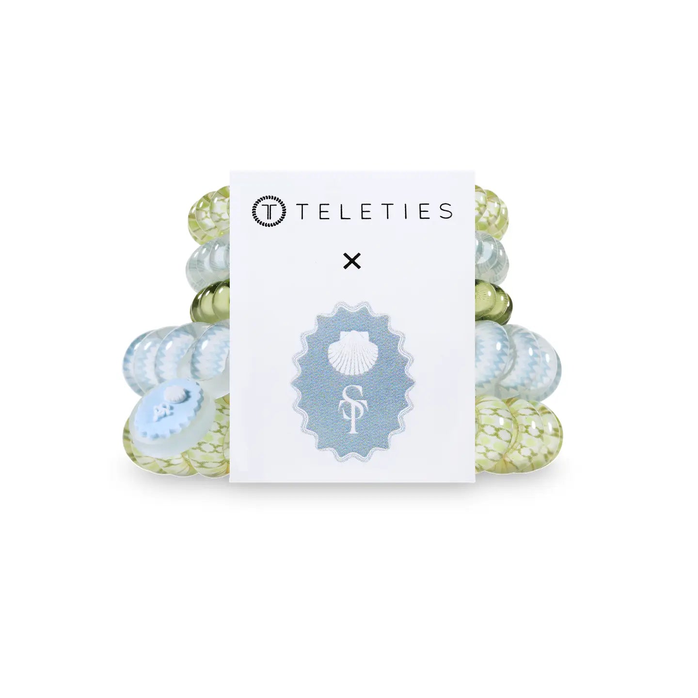 set of 5 teletie hair coils: one small pastel green, one small plaid light blue, on small plaid light green, one large chevron light blue, and one large plaid light green  