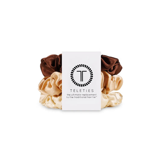 Teleties Silk Scrunchies Pack of 3 100% Pure Silk Brown, Tan, Cream Colors