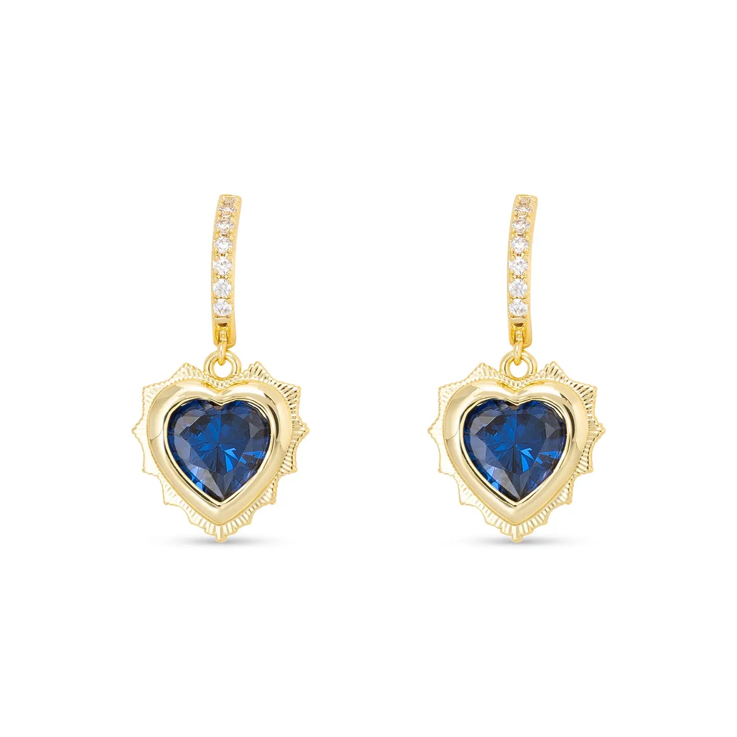 Gold Huggie Earrings with Gold Dangle Heart Pendant Filled with Birthstone Crystal