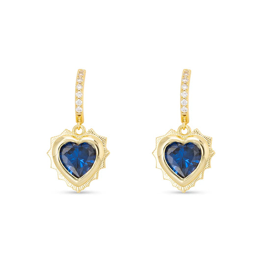 Gold Huggie Earrings with Gold Dangle Heart Pendant Filled with Birthstone Crystal