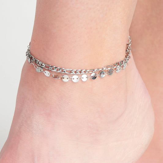 Chain Anklet offers two bands of delicate disc and Figaro chain in a classic silver.