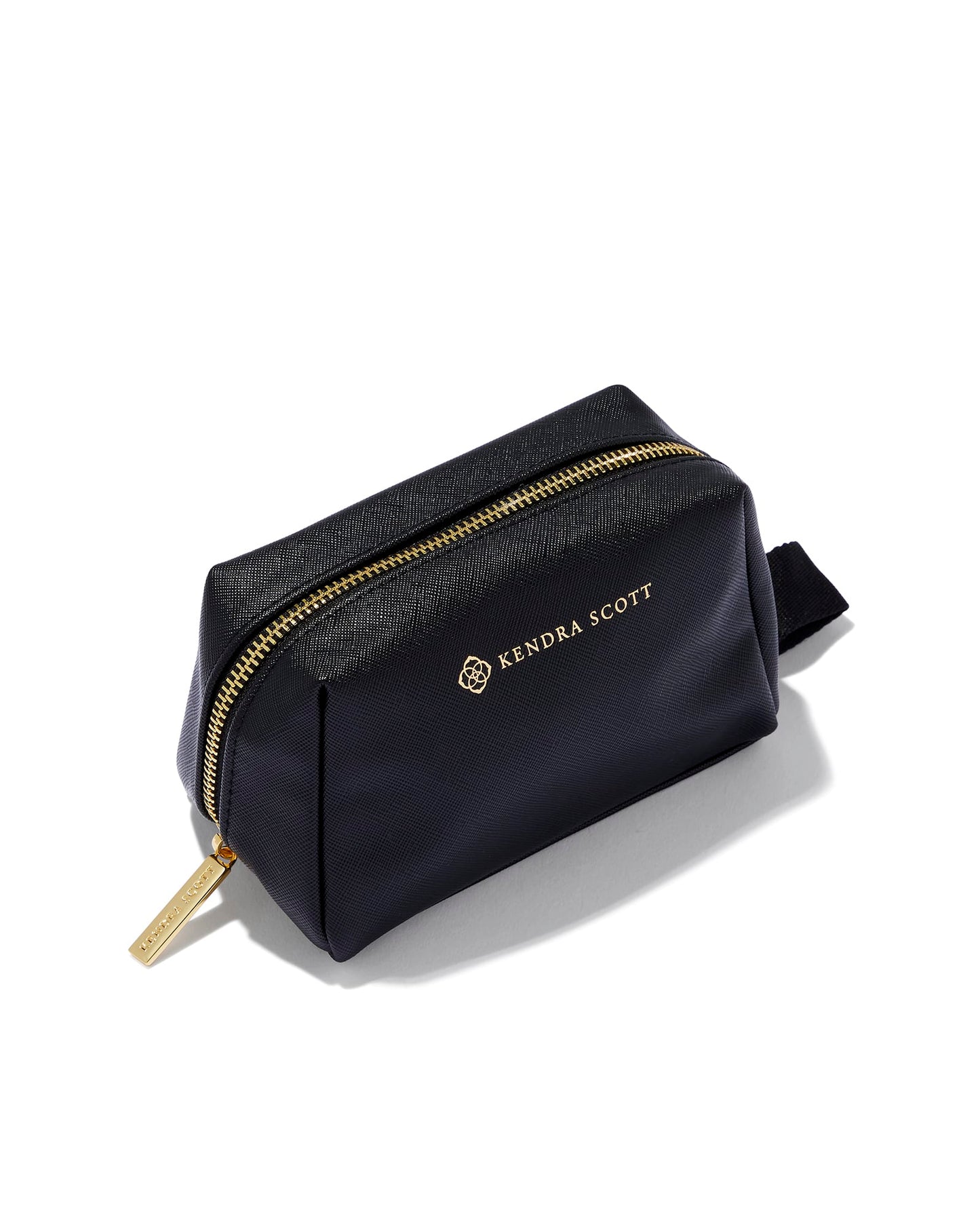 black cosmetic bag with gold zipper and Kendra Scott label MaterialPolyurethane Size6.1" (L) X 3.5" (W) X 3.7" (H)
