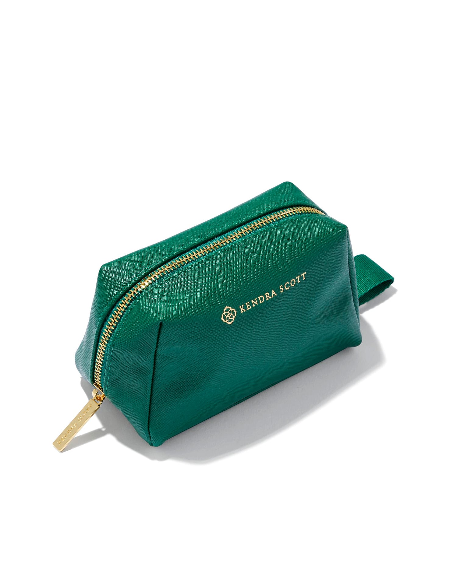green cosmetic bag with gold zipper and Kendra Scott label MaterialPolyurethane Size6.1" (L) X 3.5" (W) X 3.7" (H)