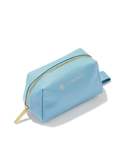 light blue small cosmetic bag with gold zipper and gold Kendra Scott label MaterialPolyurethane Size6.1" (L) X 3.5" (W) X 3.7" (H)
