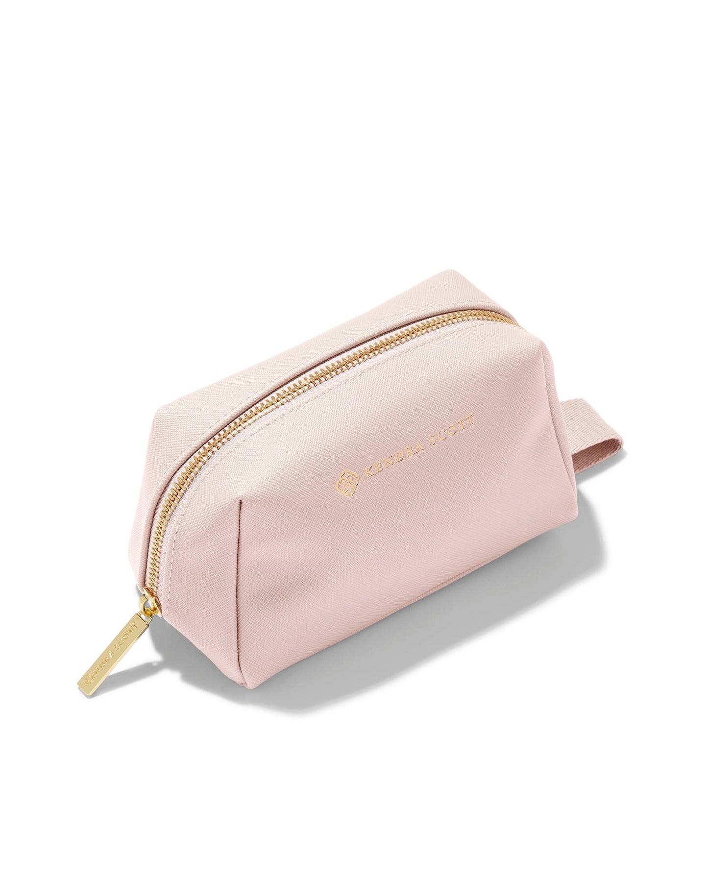 light pink cosmetic bag with gold zipper and Kendra Scott label MaterialPolyurethane Size6.1" (L) X 3.5" (W) X 3.7" (H)