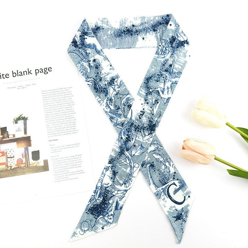 Toile blue and white print Stylish colorful pattern light weight Twilly headwrap scarf, and can be used as scarf necklace. 