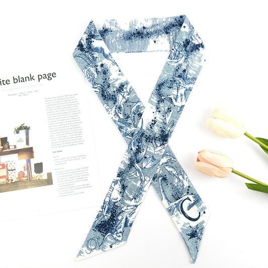 Toile blue and white print Stylish colorful pattern light weight Twilly headwrap scarf, and can be used as scarf necklace. 