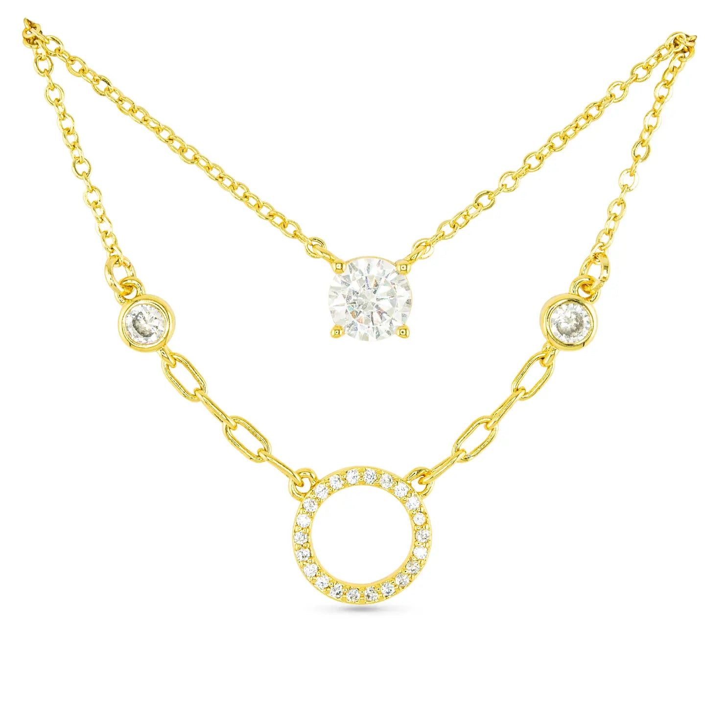 Gold Layered Necklace with Open Crystal Circular Pendants