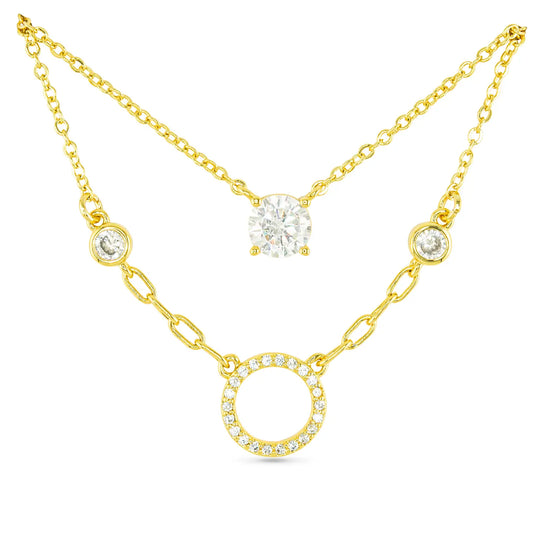 Gold Layered Necklace with Open Crystal Circular Pendants