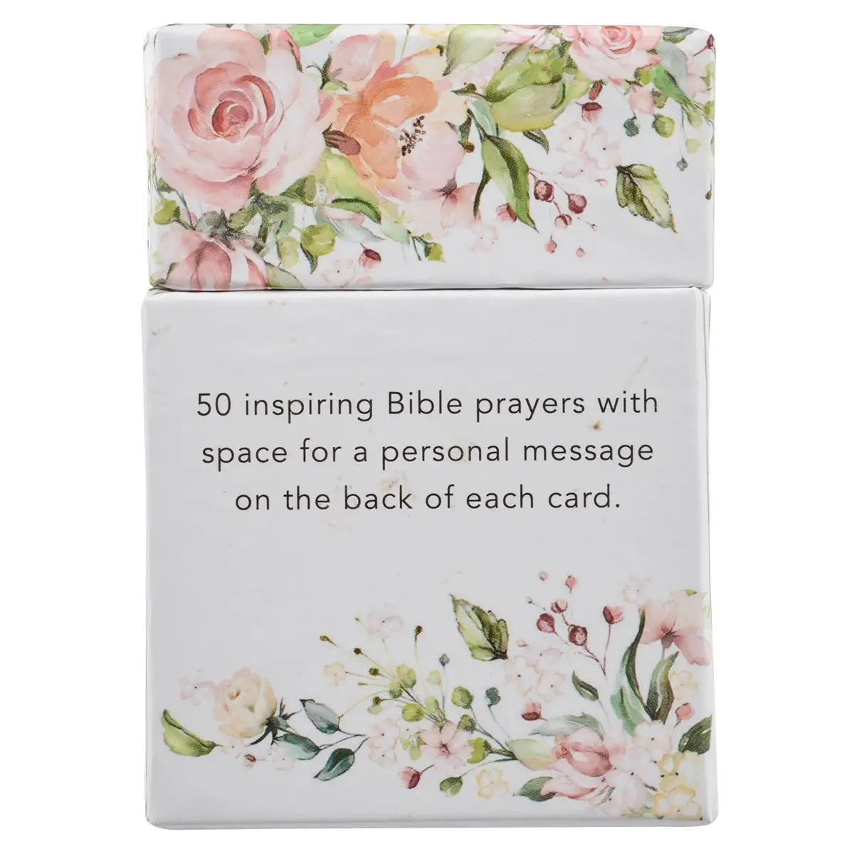 Soft blush pink palette floral design, Title printed in gold and black, Full-color printed cards and box, 51 double-sided cards, Scripture-based prayer on front, Lined space on back, Shrink-wrapped, Sturdy box with lid