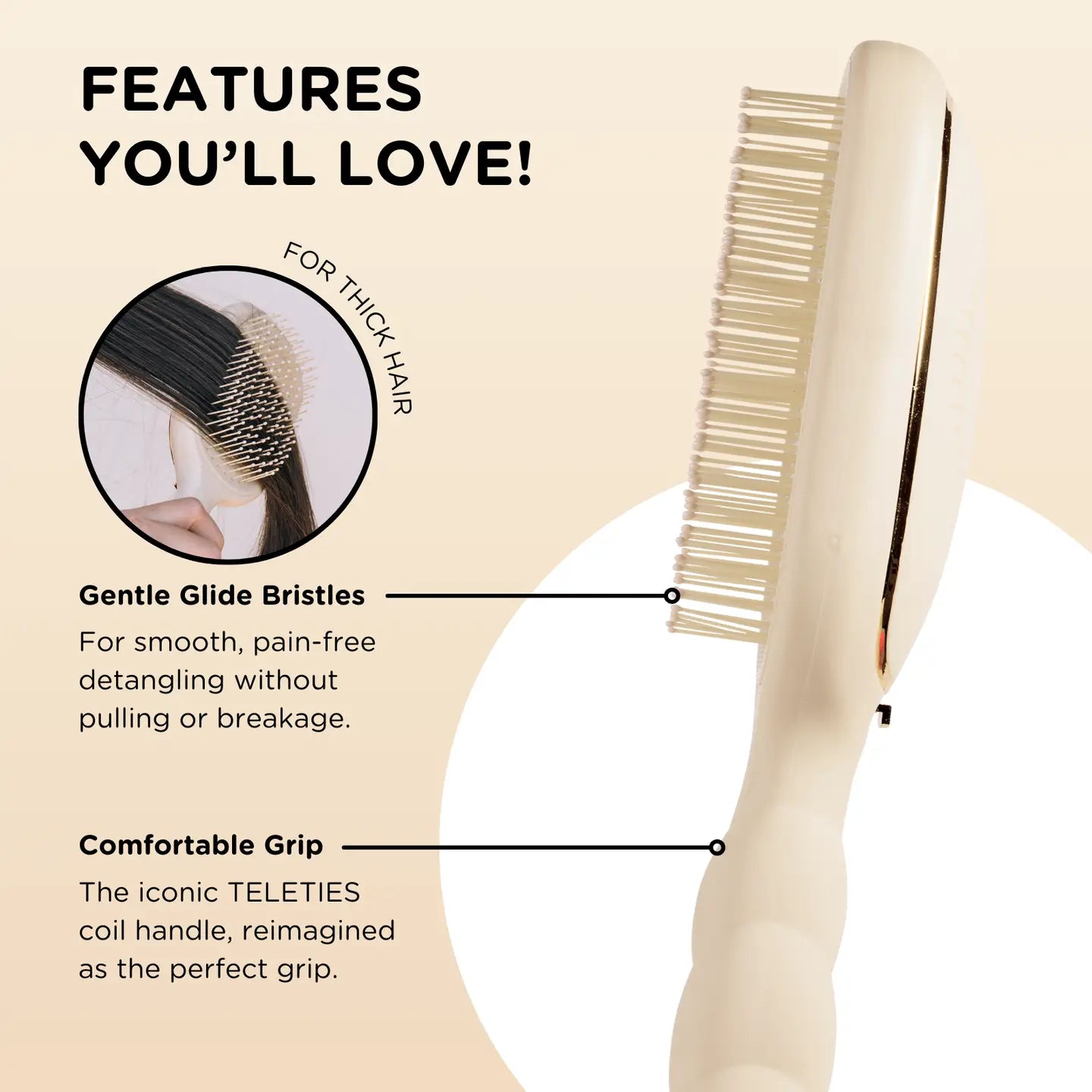 Oval hair brush, beige handle, gentle glide bristle, textured handle with gold trim, comfortable grip handle, for thick hair. 
