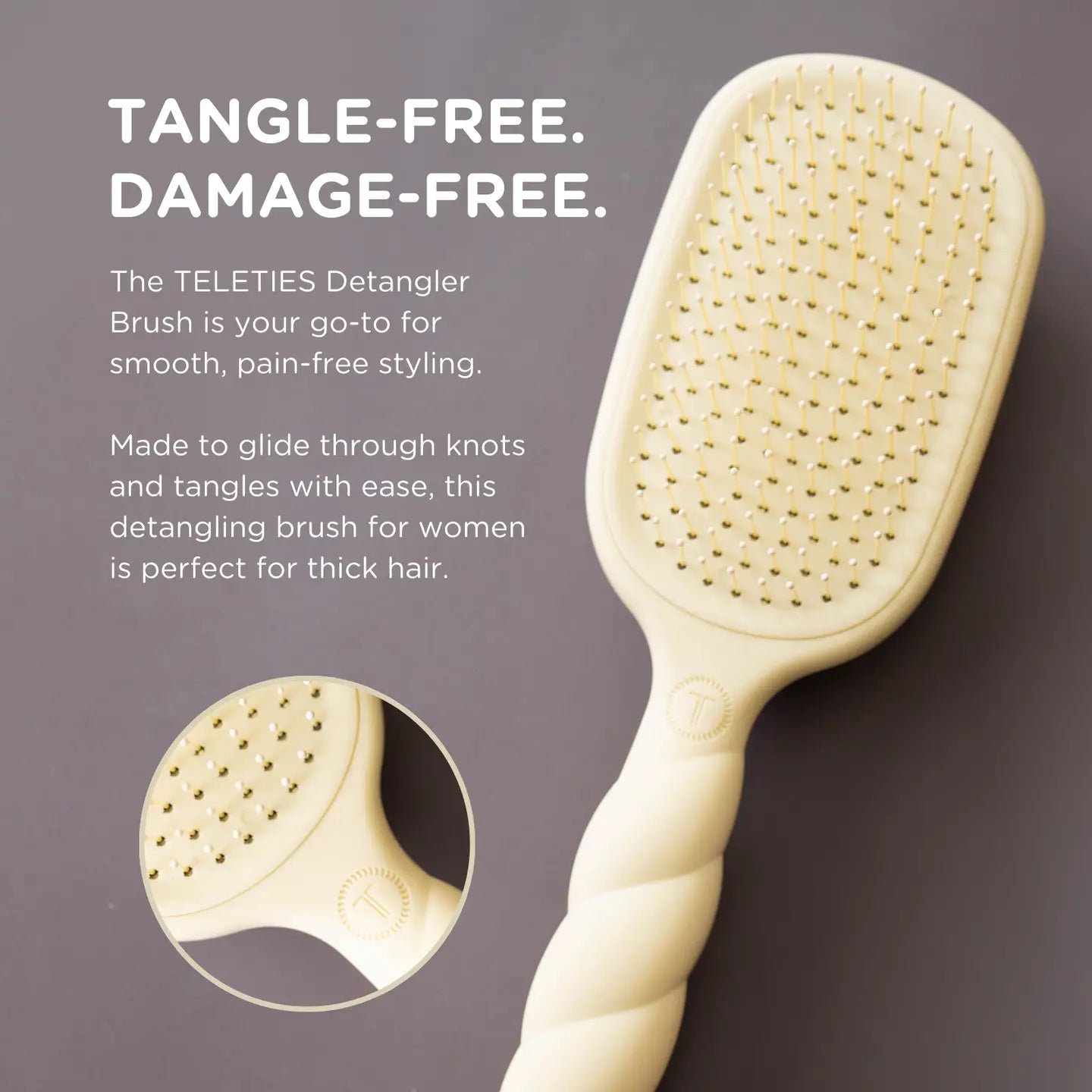 Oval hair brush, beige handle, gentle glide bristle, textured handle with gold trim, tangle-free, damage-free, for thick hair. 
