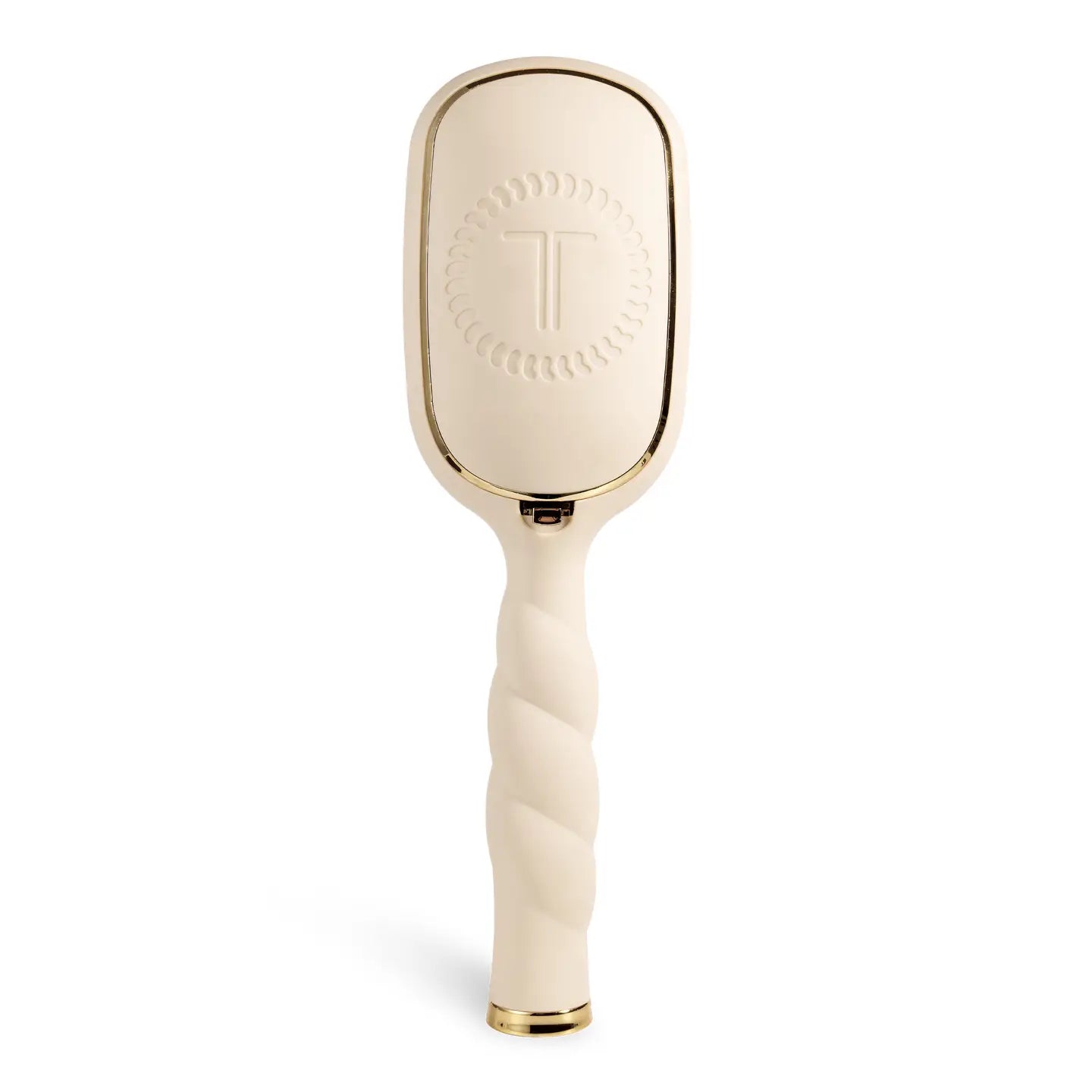 Oval hair brush, beige handle, textured handle with gold trim.