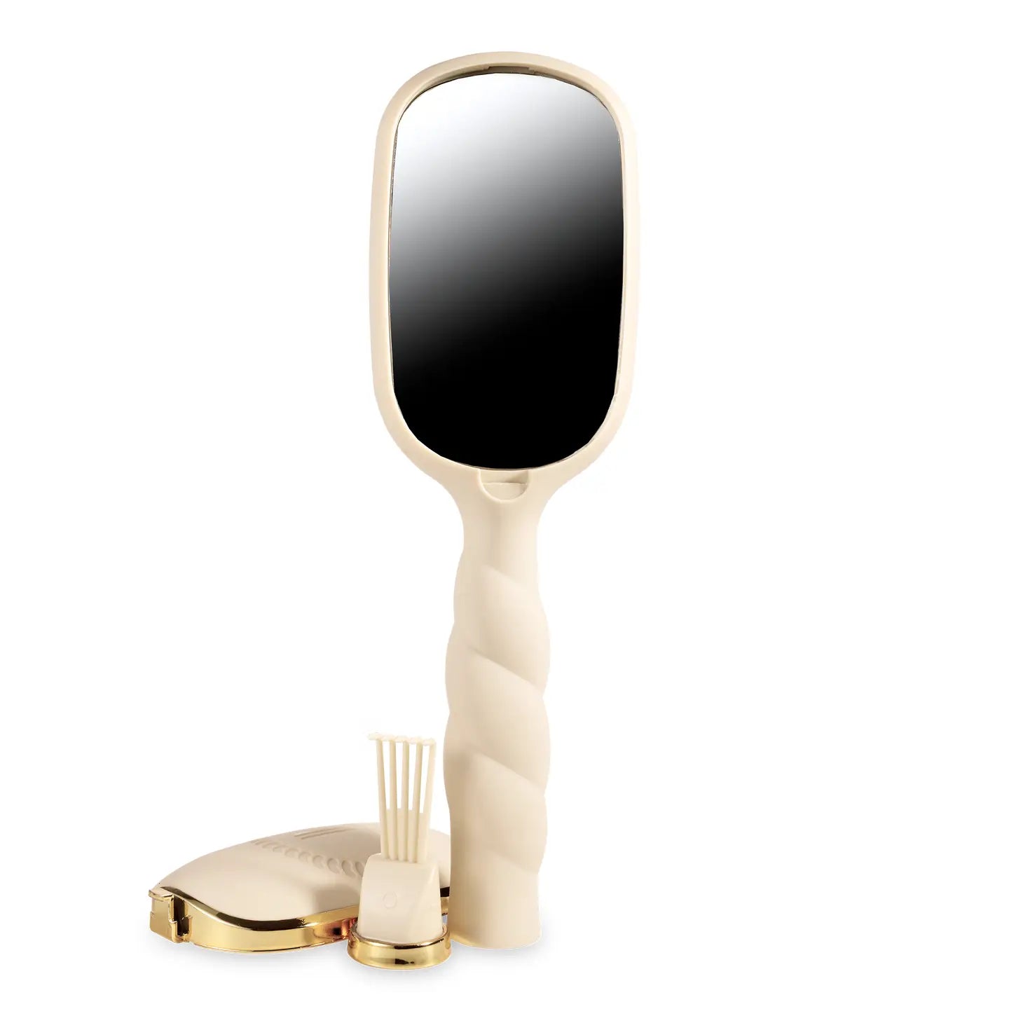 Oval hair brush, beige handle, textured handle with gold trim, built-in mirror on the back side, removable cleaner.  