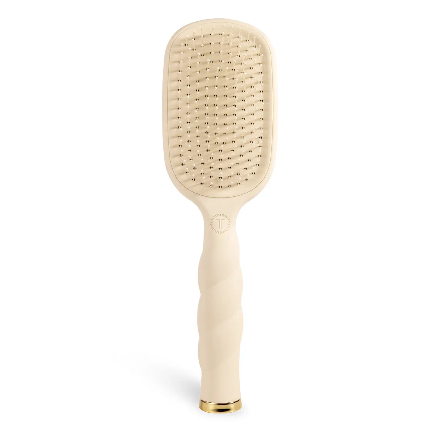 Oval hair brush, beige handle, gentle glide bristle, textured handle with gold trim.