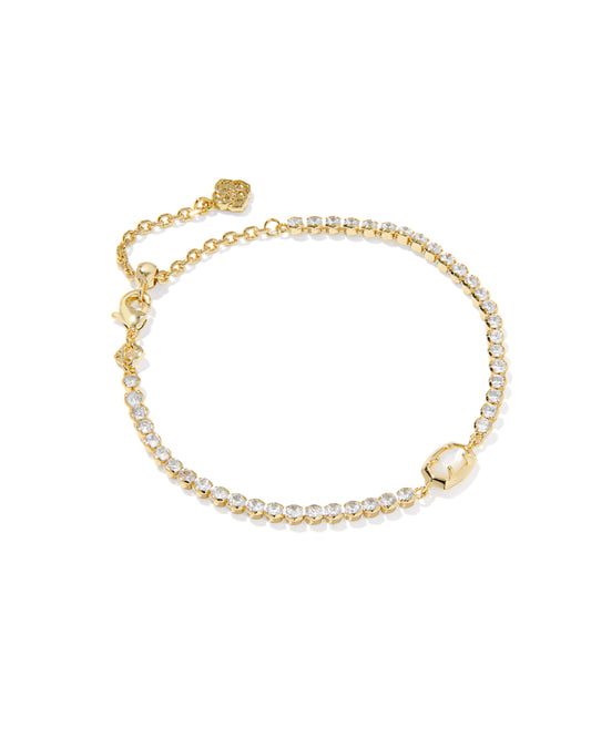 Gold Tennis Bracelet in Gold Ivory Mother of Pearl. Featuring a small pendant on a crystal accented and adjustable chain