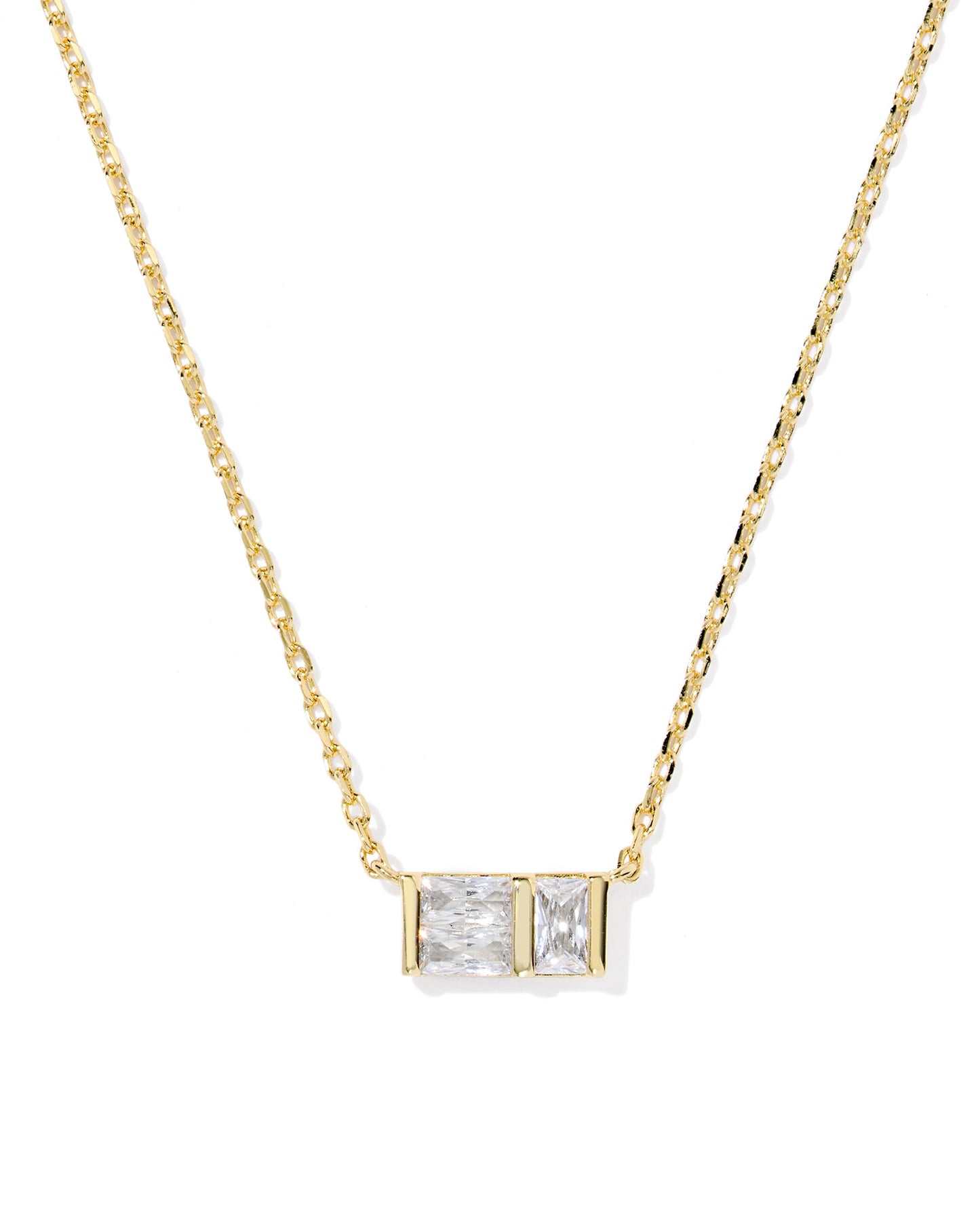 Short Pendant Necklace featuring a rectangular pendant with bezel-set baguette crystal detailing and high-shine metal, gold