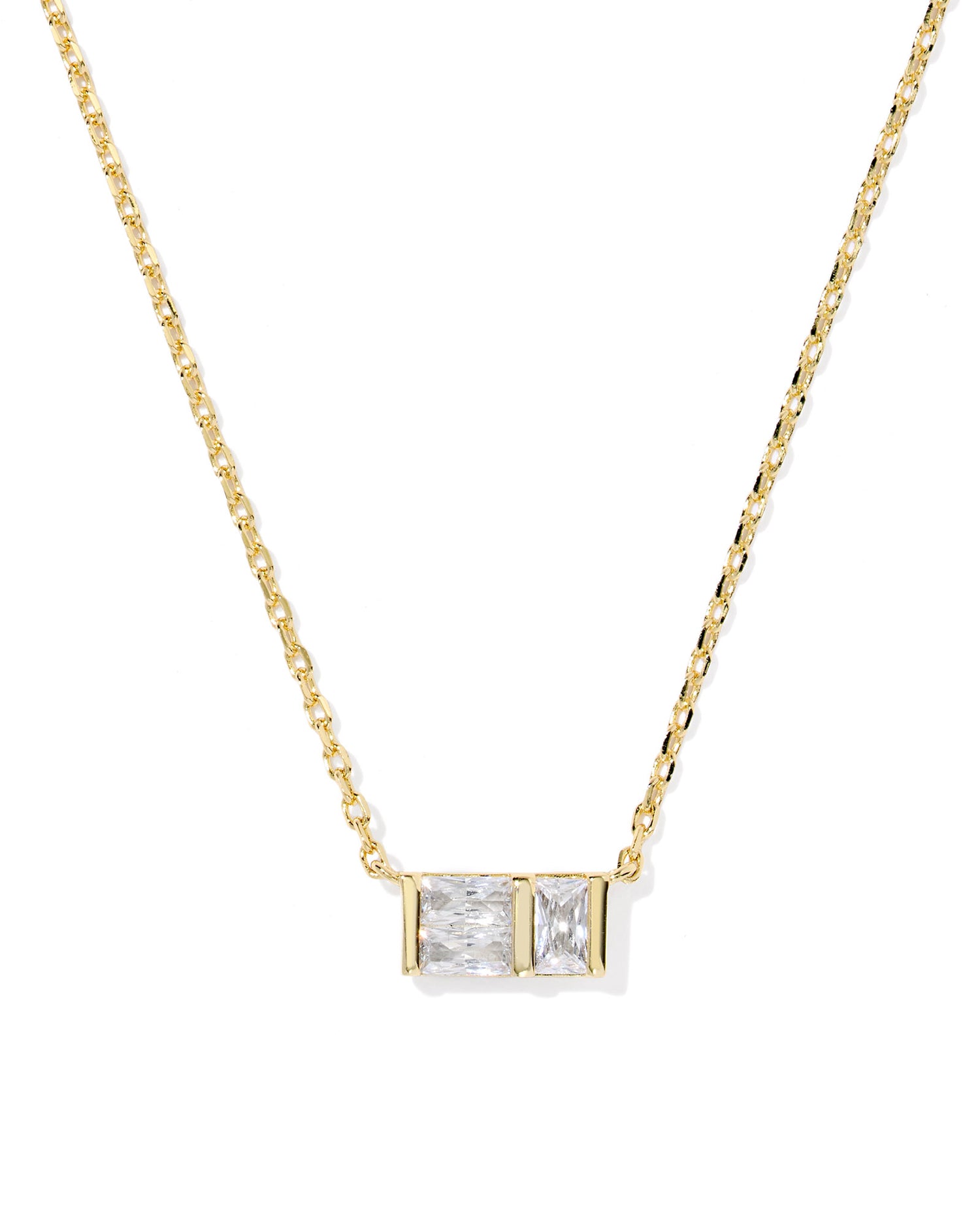 Short Pendant Necklace featuring a rectangular pendant with bezel-set baguette crystal detailing and high-shine metal, gold
