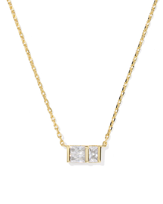 Short Pendant Necklace featuring a rectangular pendant with bezel-set baguette crystal detailing and high-shine metal, gold