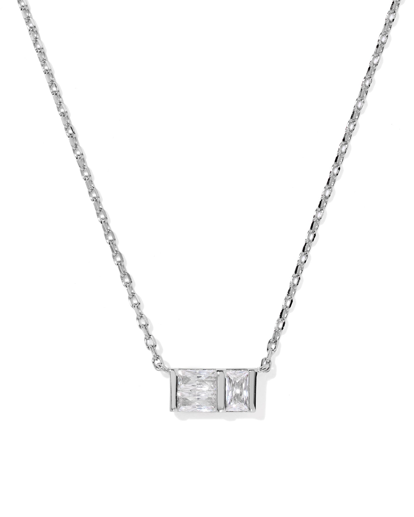 Short Pendant Necklace featuring a rectangular pendant with bezel-set baguette crystal detailing and high-shine metal, silver