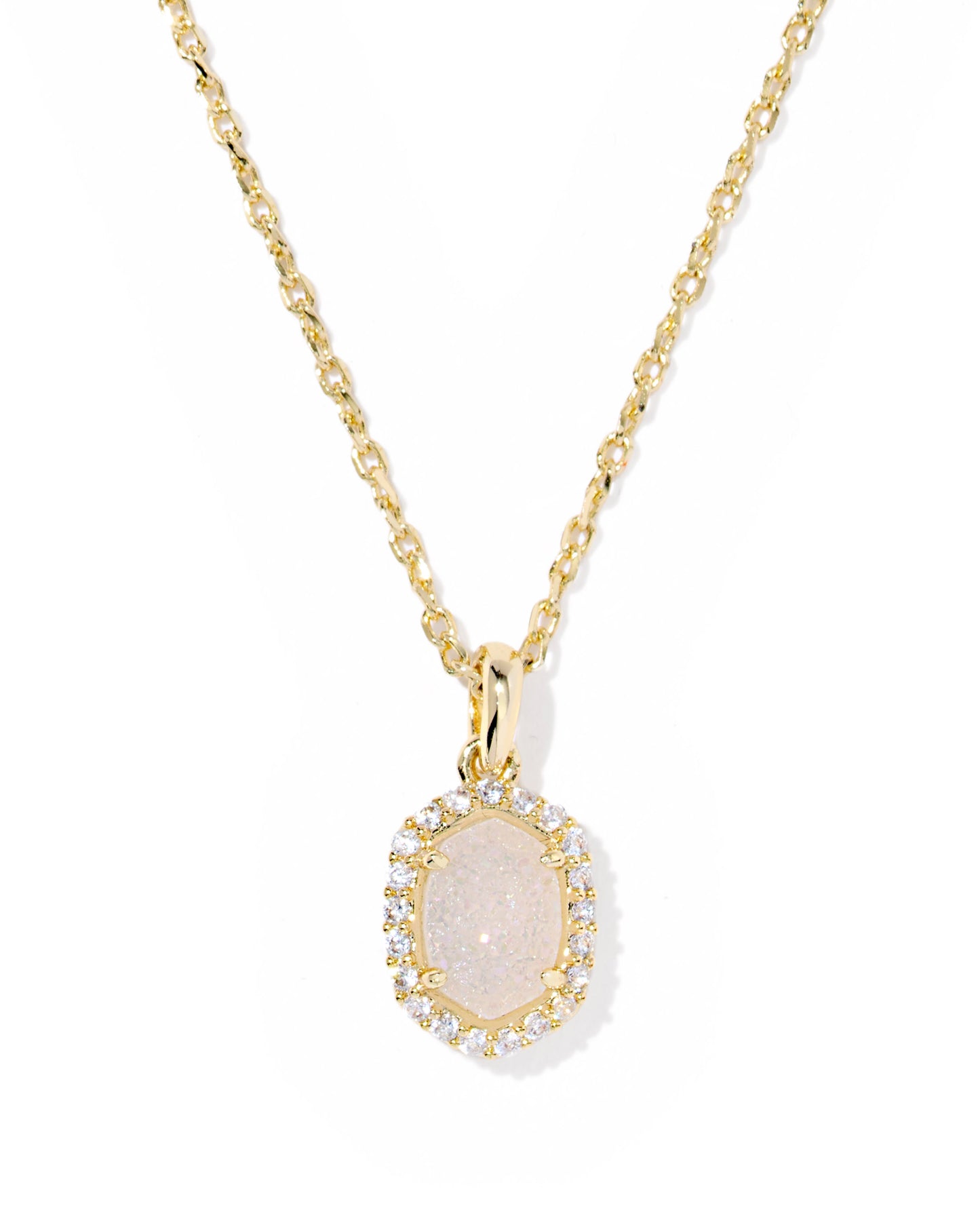 Gold White Crystal Frame Short Pendant Necklace. This style features a crystal border around a geometric pendant 