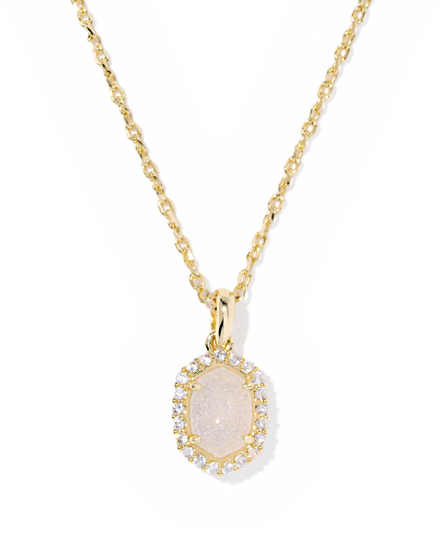 Gold White Crystal Frame Short Pendant Necklace. This style features a crystal border around a geometric pendant 