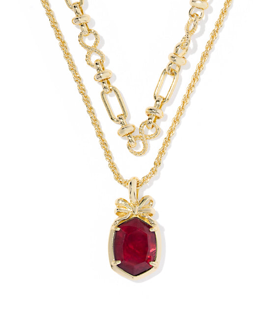  Bow Gold Multi Strand Necklace, bow accent and adorable chain detailing , gold dark burgundy illusion