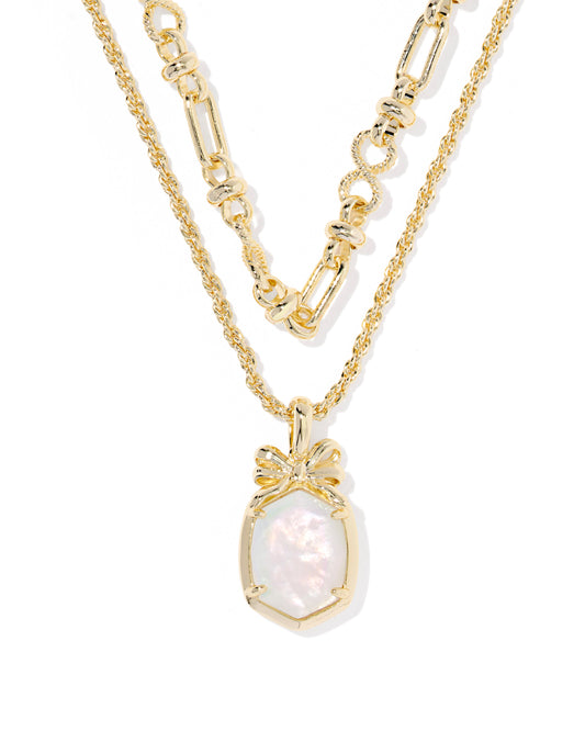 Bow Gold Multi Strand Necklace! A darling bow accent and adorable chain detailing, Gold Iridescent Crystal Ivory Illusion