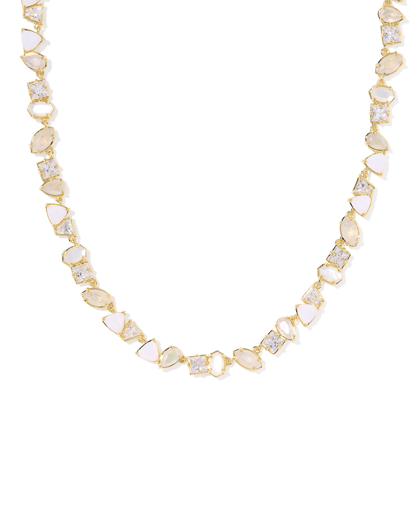  Gold Tennis Necklace with a variety of geometric-shaped crystals and an adjustable chain