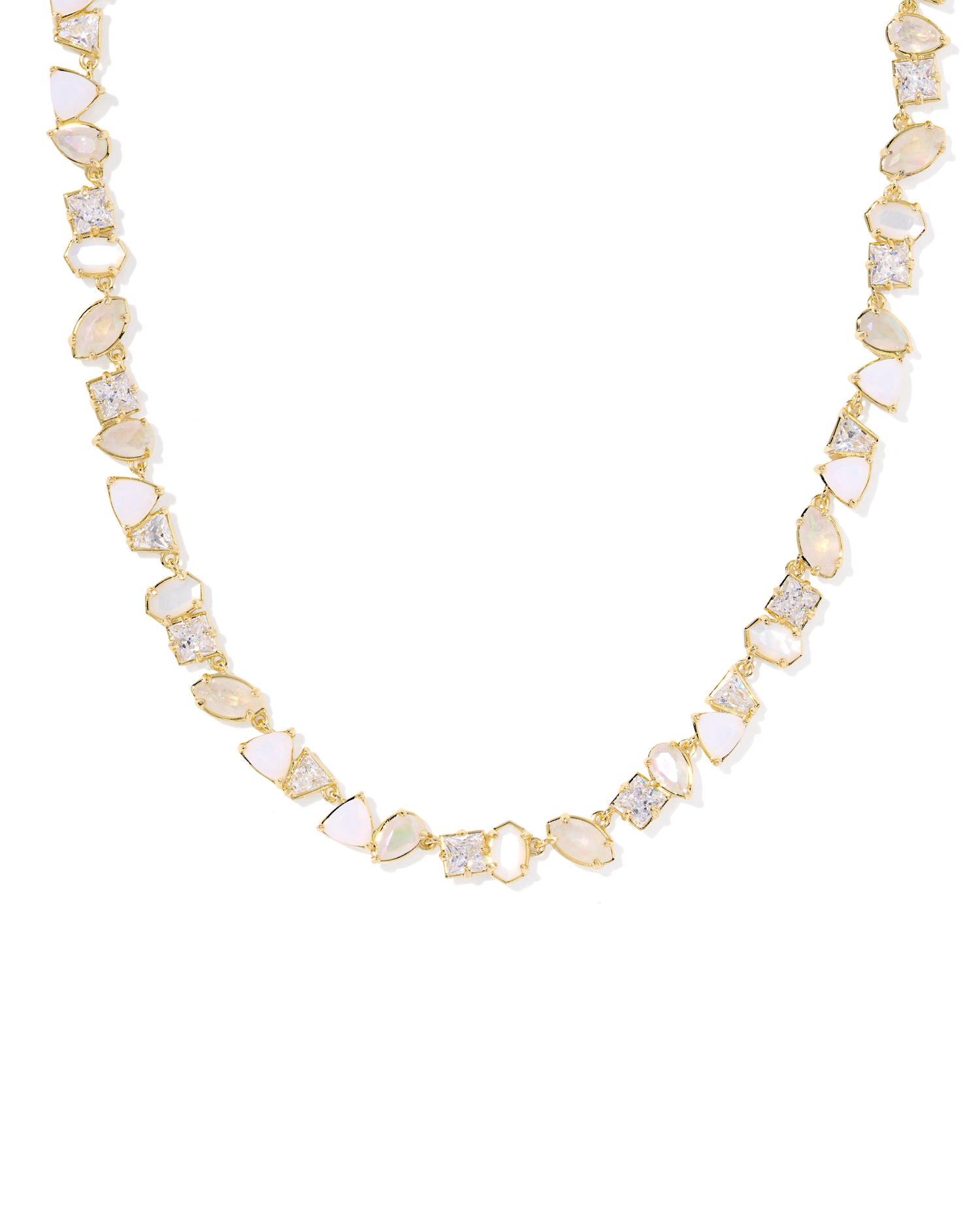  Gold Tennis Necklace with a variety of geometric-shaped crystals and an adjustable chain