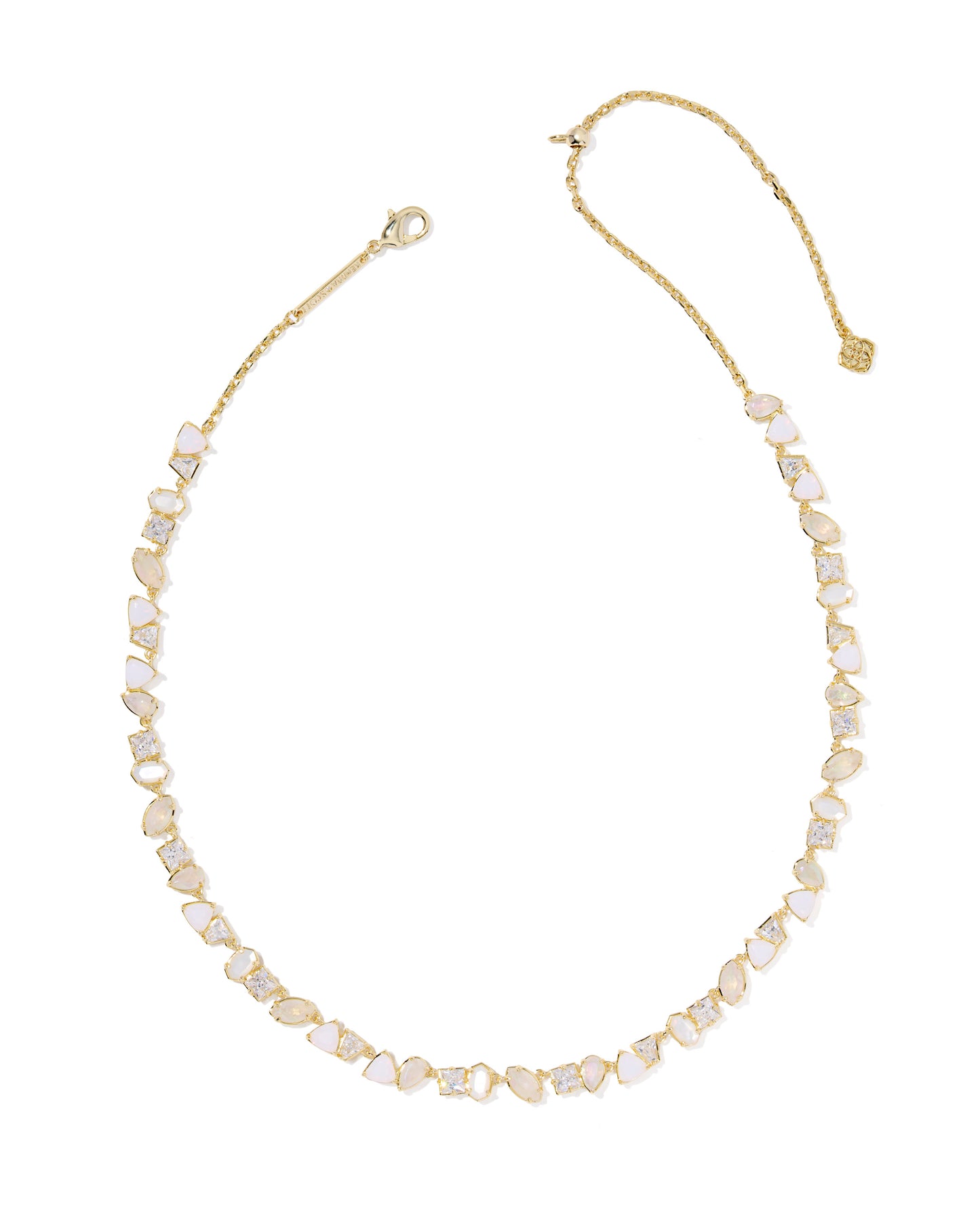 Gold Tennis Necklace with a variety of geometric-shaped crystals and an adjustable chain